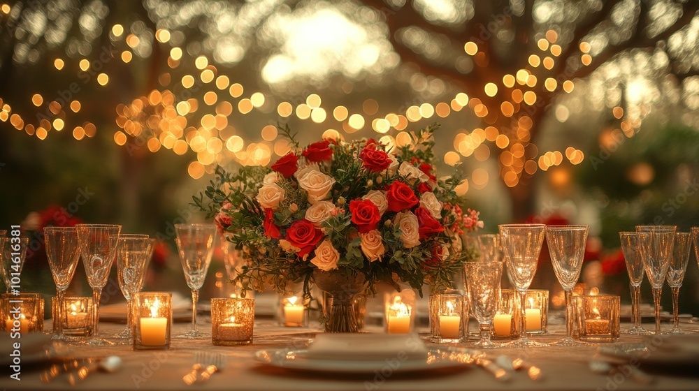 Fototapeta premium A beautifully decorated table with red and white roses, candles, and glasses, set in a garden with twinkling lights.