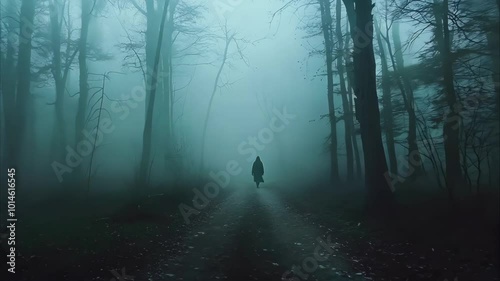 A dark, misty forest pathway with a solitary figure in a cloak walking through the fog.