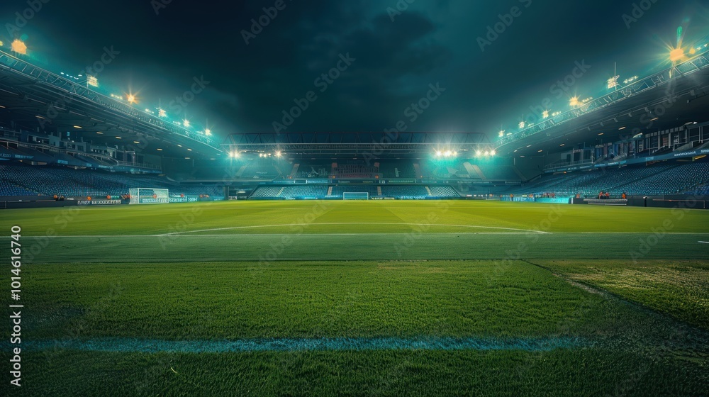 Empty Soccer Stadium with Grass Field and Bright Lights Empty Soccer Stadium with Grass Field and Bright Lights