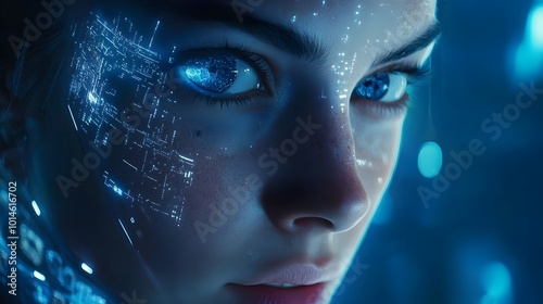 Cybernetically Enhanced Technomancer with Vibrant Glowing Skin and Luminescent Displays photo