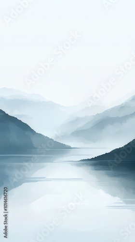 Serene landscape with soft mist-covered mountains reflected in calm water, evoking tranquility and peacefulness in nature.