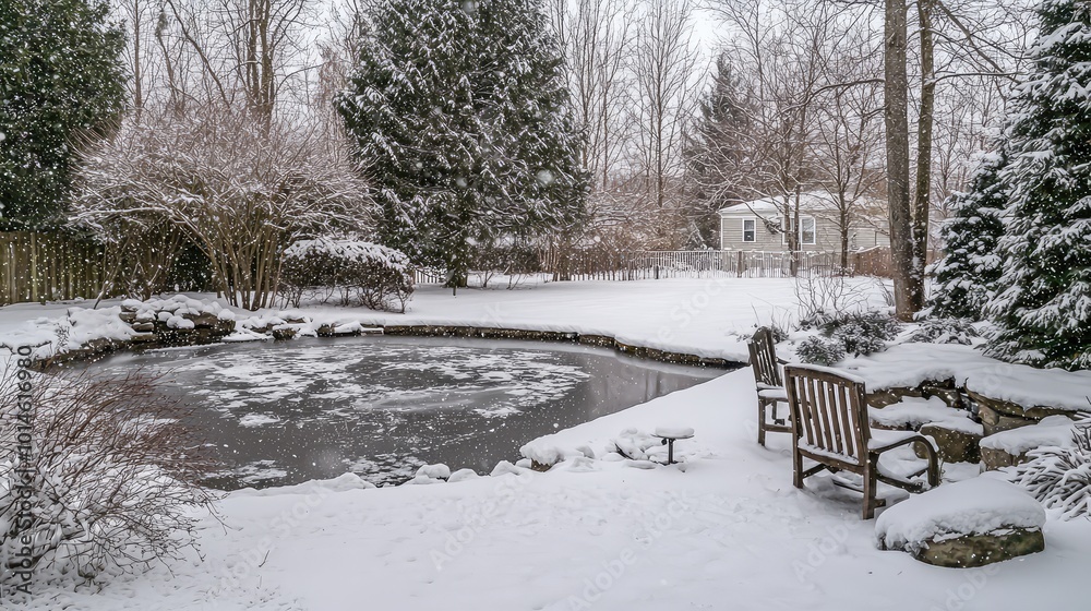 Serene winter scene featuring a frozen pond surrounded by snow-covered trees and cozy benches for relaxation. Serene winter scene featuring a frozen pond surrounded by snow-covered trees and cozy benches for relaxation.