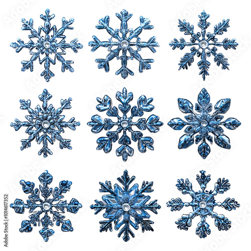 Various intricate blue snowflakes, white isolated background.