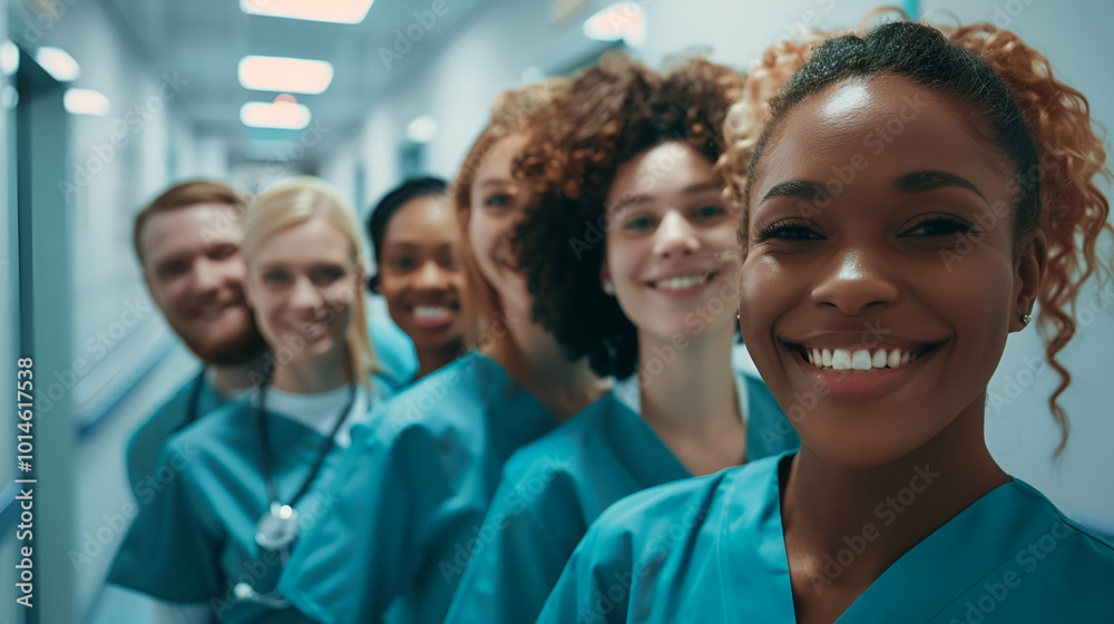 Diverse group of doctors and nurses smiling in a hospital hallway Diverse group of doctors and nurses smiling in a hospital hallway