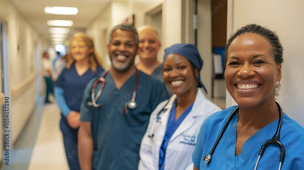 Diverse group of doctors and nurses smiling in a hospital hallway Diverse group of doctors and nurses smiling in a hospital hallway
