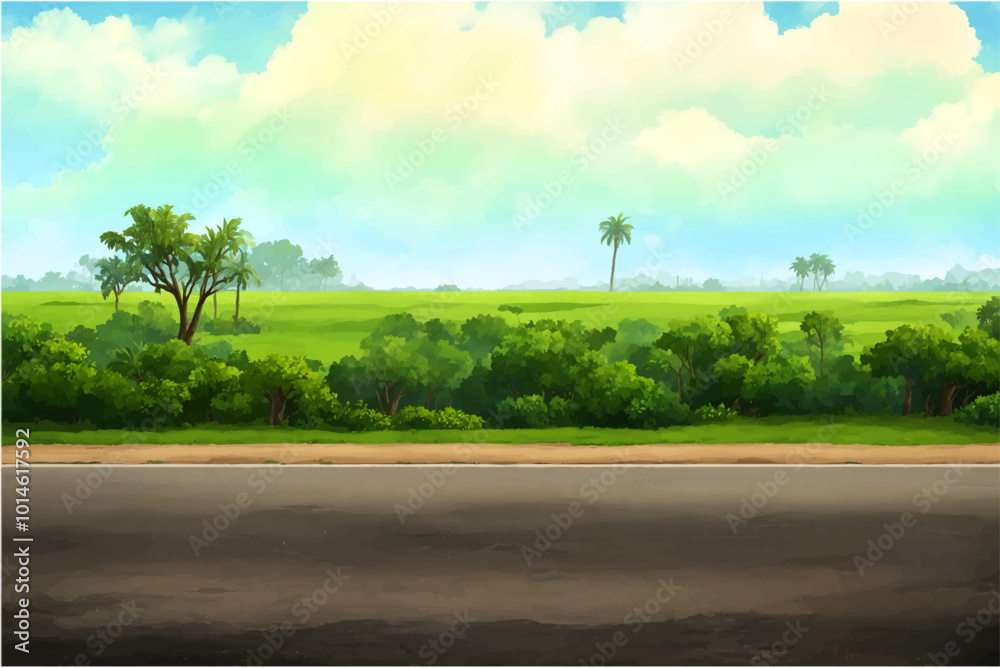 Fototapeta premium A quiet road leading through a vibrant green field