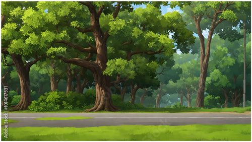 A woodland bordering an empty asphalt road