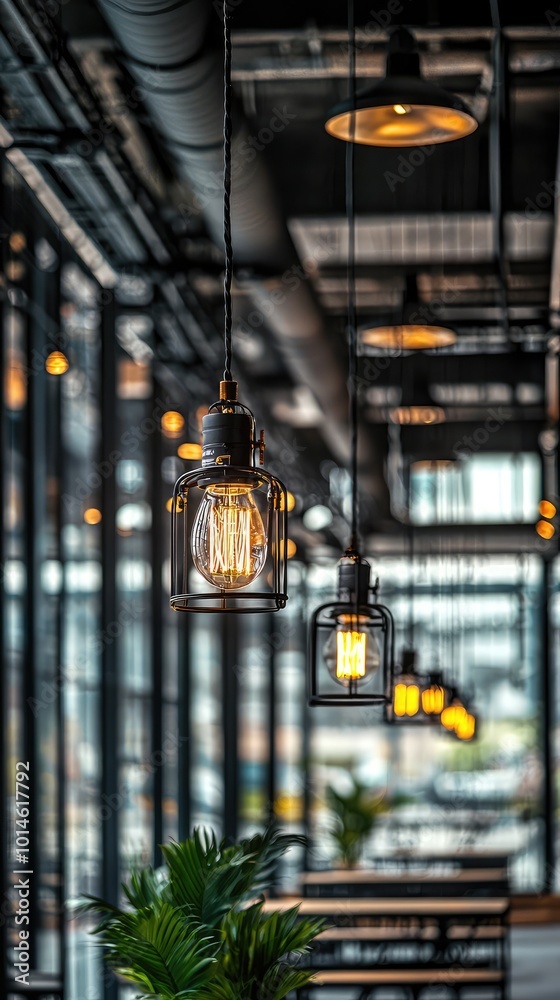 Obraz premium Stylish hanging lights in a modern industrial setting, creating a warm and inviting atmosphere for dining or relaxation.