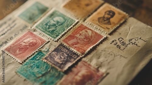 Macro shot of rare stamps from the early 20th century, focusing on the perforations and color details, placed on an old envelope.