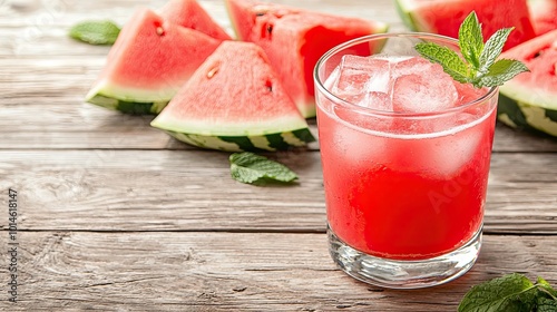 Glass of watermelon juice with ice and mint garnish, placed on a rustic wooden table with watermelon slices, exuding summer freshness