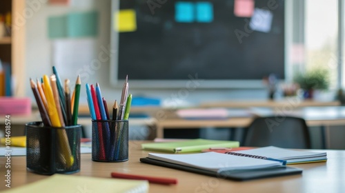 A teacher's desk with pens, notebooks, and a chalkboard eraser, all arranged neatly next to an open lesson plan in a bright classroom.