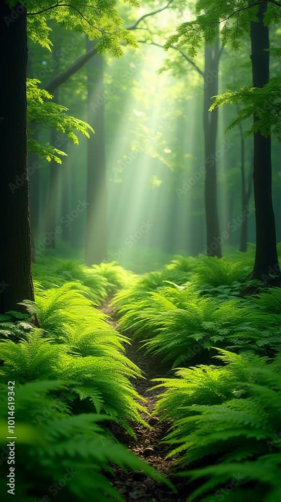 Obraz premium Lush Green Forest With Sunlight Filtering Through The Canopy