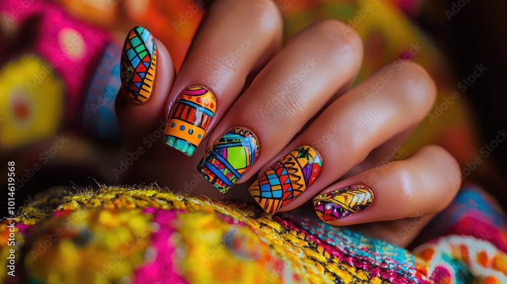 Vibrant, artistic nails adorned with intricate patterns and colorful designs, showcasing creativity and style in a close-up view. Vibrant, artistic nails adorned with intricate patterns and colorful designs, showcasing creativity and style in a close-up view.