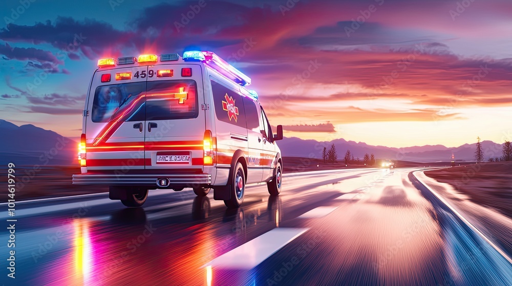 Rearview of an ambulance 911 speeding down a highway in a rural setting, lights flashing, responding to an emergency.