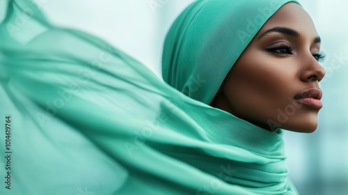 A striking side profile of a woman with a green hijab billowing dramatically, creating a captivating visual that combines themes of strength, culture, and beauty.