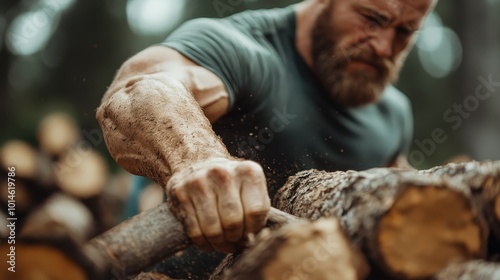 A muscular man using sheer strength to chop wood outdoors, demonstrating physical power and determination against a backdrop of nature and logs.