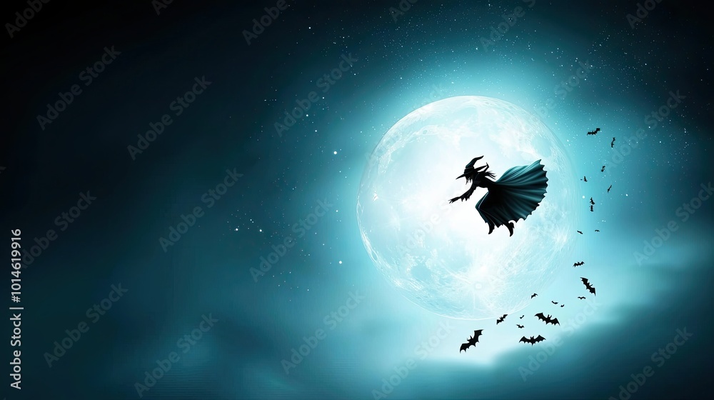 Silhouette of a witch flying across a full moon on Halloween night, surrounded by bats and a dark, starry sky Silhouette of a witch flying across a full moon on Halloween night, surrounded by bats and a dark, starry sky
