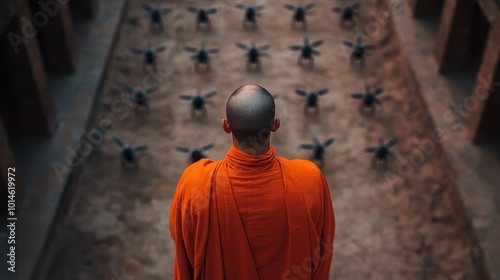 A serene monk stands in an elevated position, overlooking a courtyard filled with spinning sculptures, invoking a sense of introspection and tranquility.