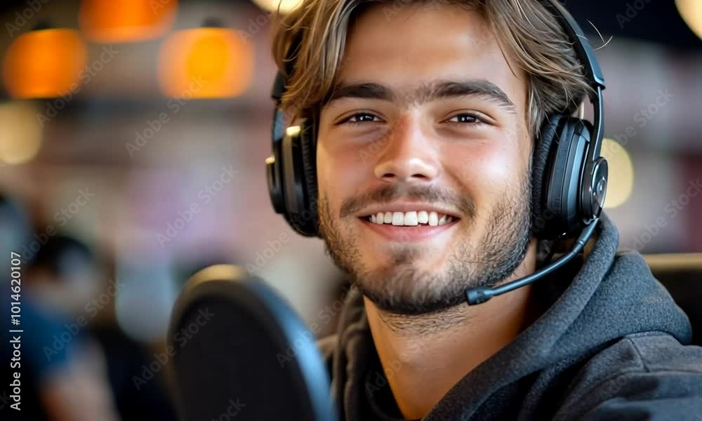 Smiling Man with Headphones and Microphone Smiling Man with Headphones and Microphone