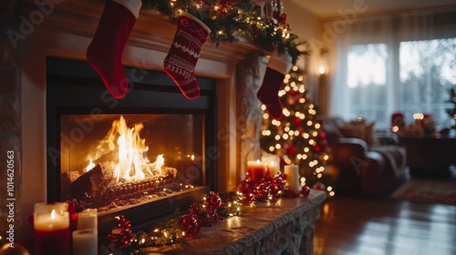 Christmas mantlepiece with christmas socks. ai generated