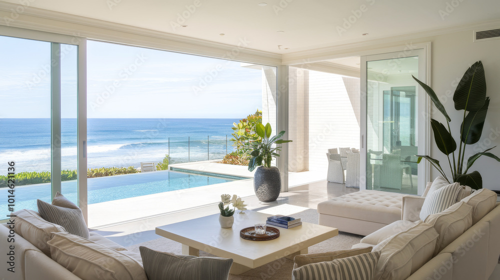 An elegant living room with large windows overlooking a pool and a breathtaking ocean view, decorated with plants and modern furniture. An elegant living room with large windows overlooking a pool and a breathtaking ocean view, decorated with plants and modern furniture.