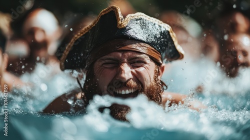 A cheerful pirate, with a wide grin, immerses himself in a lively water setting, surrounded by splashing waves, enjoying the spirit of jubilant festivities. photo