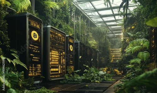 Fototapeta Naklejka Na Ścianę i Meble -  Bitcoin servers hidden in jungle greenery.