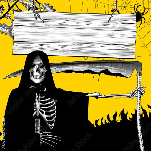 A helloween poster template in vintage engraving style with a human skeleton holding a scythe in his hand and a hanging rustic wood signboard on yellow 
background. Vector illustration