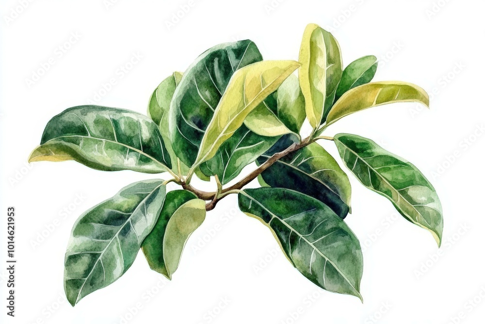 Ficus elastica branch showcasing vibrant green and yellow leaves Ficus elastica branch showcasing vibrant green and yellow leaves