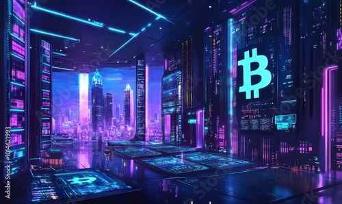 Wallpaper Mural Neon-lit futuristic city with a Bitcoin symbol. Torontodigital.ca