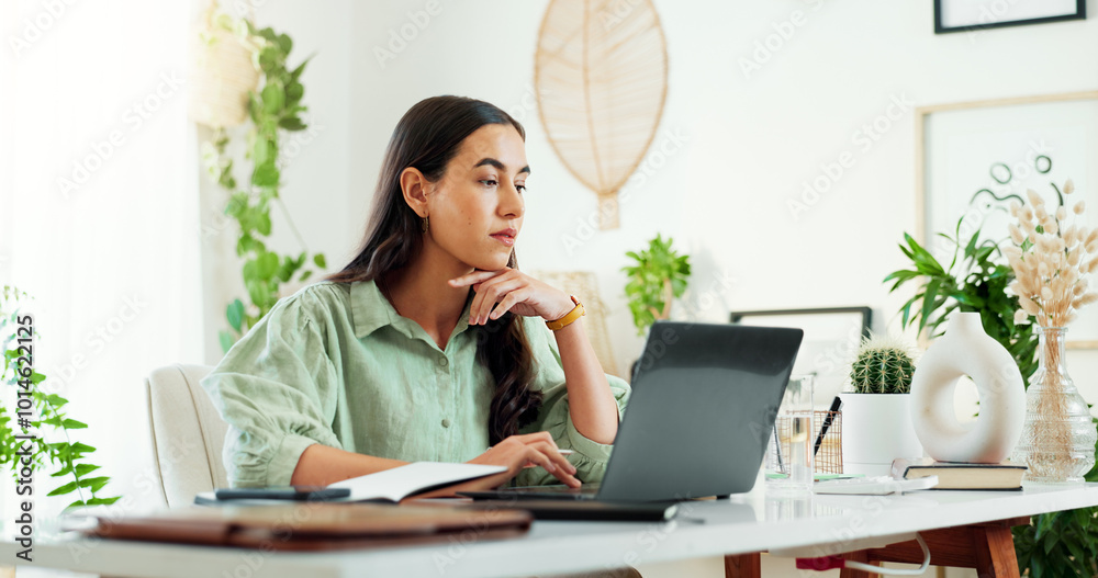 Business woman, office and web research with laptop at desk with email, planning and work. Writer, thinking and ideas for article with reading and journalist employee at content creation agency Business woman, office and web research with laptop at desk with email, planning and work. Writer, thinking and ideas for article with reading and journalist employee at content creation agency