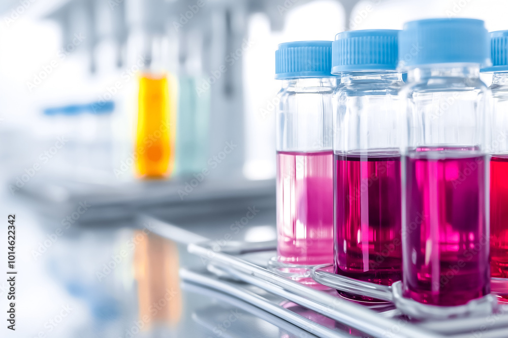 In a laboratory, multiple vials filled with vibrant liquids sit on a workstation, showcasing a range of colors, indicating various chemical experiments in progress In a laboratory, multiple vials filled with vibrant liquids sit on a workstation, showcasing a range of colors, indicating various chemical experiments in progress