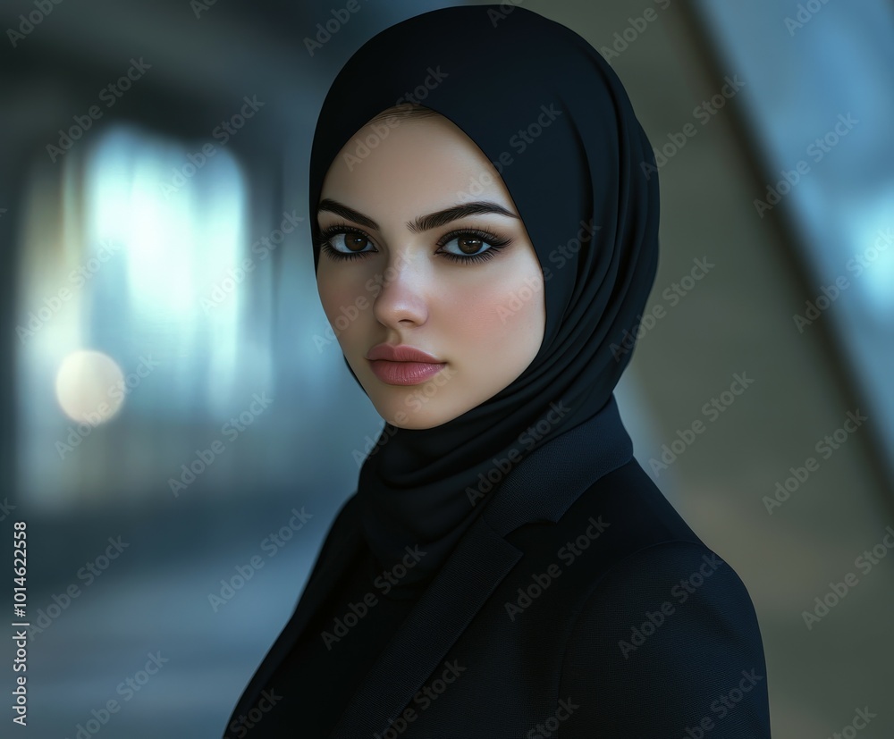 Young woman in a black hijab wearing a professional outfit indoors Young woman in a black hijab wearing a professional outfit indoors