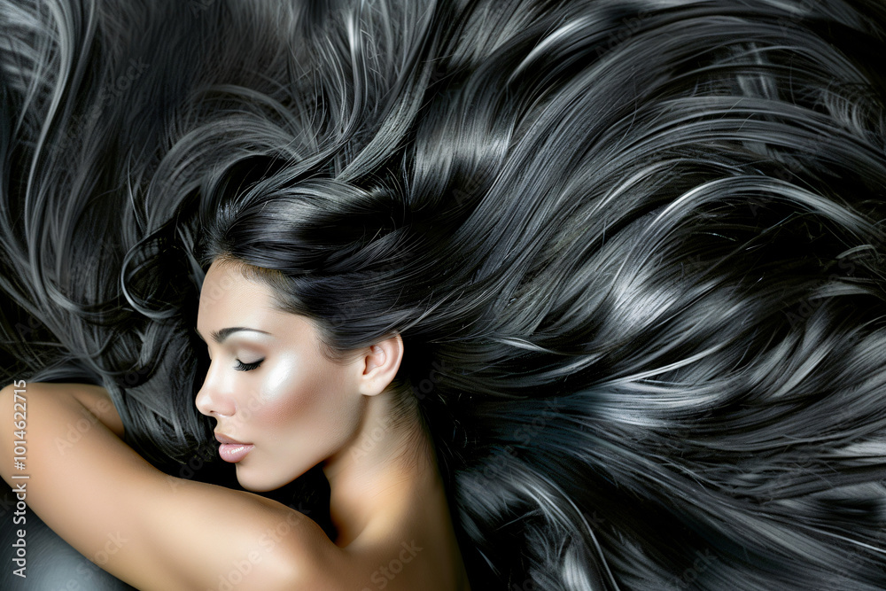 Elegant Portrait of a Woman with Flawless Skin and long, shiny black hair styled straight. Elegant Portrait of a Woman with Flawless Skin and long, shiny black hair styled straight.