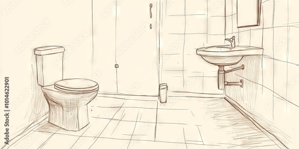 A detailed hand-drawn sketch of a minimalist bathroom featuring a toilet