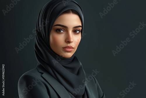 Young woman in black hijab and suit poses confidently