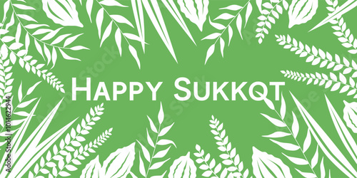 Beautiful floral background with greeting text, Congratulation Happy Sukkot. Jewish Holiday Banner in Green and White colors with arba minim, four species: etrog and palm, myrtle and willow branches.