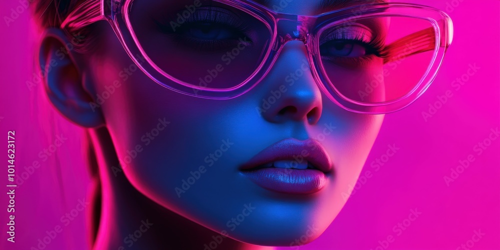 A woman in oversized glasses illuminated by vibrant neon vaporwave lights A woman in oversized glasses illuminated by vibrant neon vaporwave lights