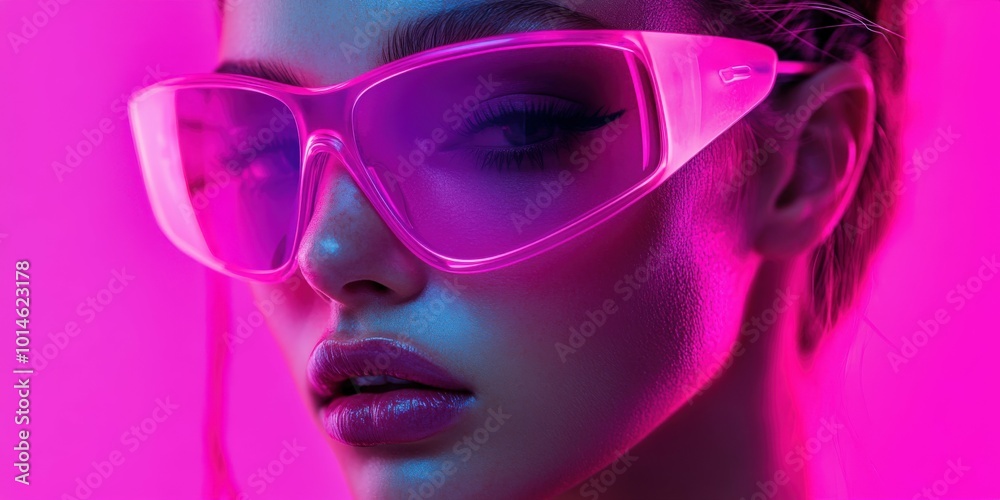 A close-up of a person wearing bold pink sunglasses in urban neon lights A close-up of a person wearing bold pink sunglasses in urban neon lights