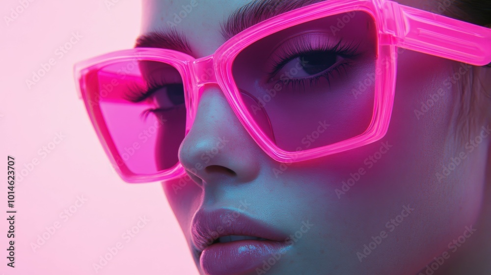A young woman wearing pink retro sunglasses with vibrant neon lighting A young woman wearing pink retro sunglasses with vibrant neon lighting