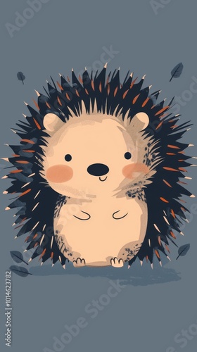 A cute cartoon hedgehog with a big smile on its face. The hedgehog is standing on a grey background