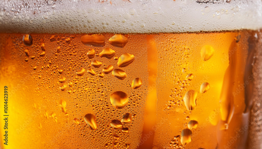 Glass of tasty cold beer with condensation drops as background, closeup