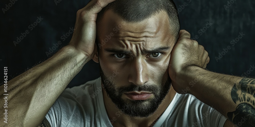 Fototapeta premium Athletic man with striking features and tattoos in a moody portrait setting