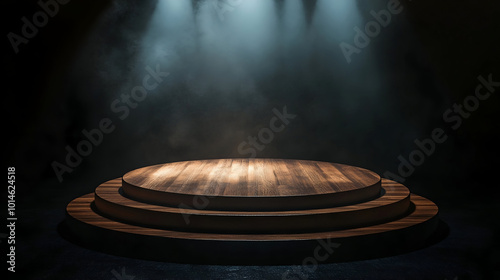 Fototapeta Naklejka Na Ścianę i Meble -  3d luxury wood podium with black background for your luxury product, Wood podium stand with natural rock, pedestal for brand product exhibition
