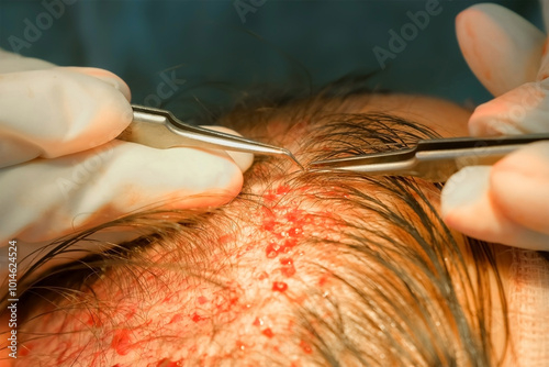 Surgeon transplants hair grafts to head scalp uses tweezers on surgery in clinic. Problem of baldness, treatment of alopecia by hair transplantation in hospital. Operation, cure, hair transplant. photo