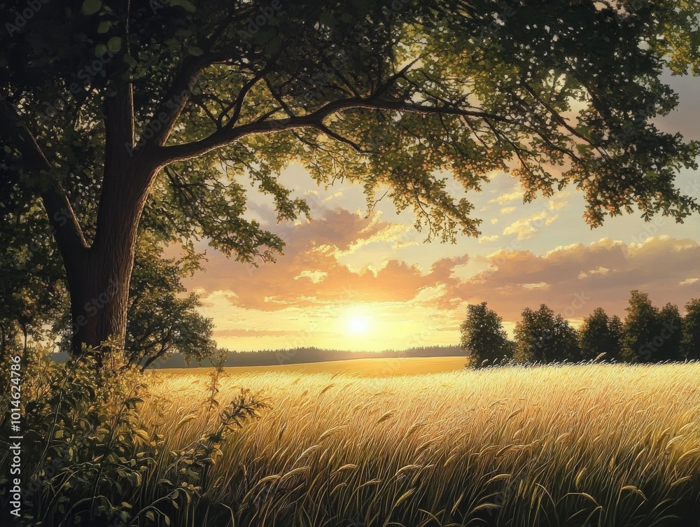Fototapeta premium Golden sunlight over a tranquil countryside field at sunset