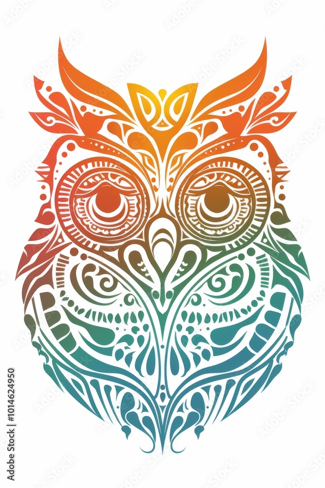 Fototapeta premium Owl head with minimalistic tribal patterns in bright colors.