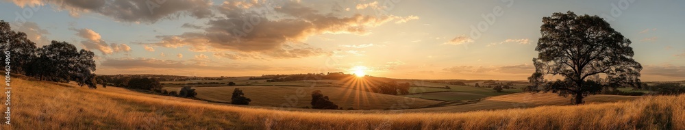 Golden sunset over picturesque countryside fields with gentle hills Golden sunset over picturesque countryside fields with gentle hills