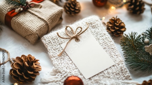 Christmas gift tag mockup with present box, product label mockup, with natural fir tree branch, cones and Christmas decoration, Christmas sale concept, ai generated