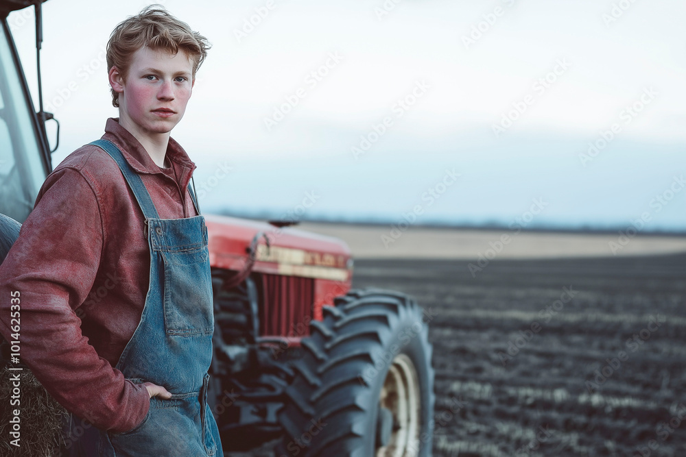 Fototapeta premium Young farmer in denim overalls and a red sweatshirt standing by a tractor in a plowed field, looking at the camera, capturing the essence of rural work and agricultural life
